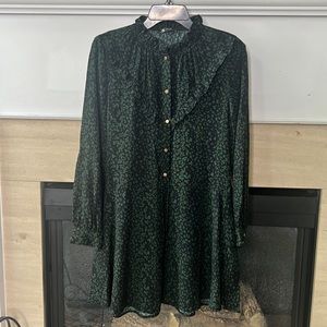 Zara Black & Green Ruffle Trim Animal Print Smock Dress, XS